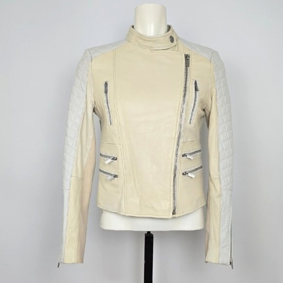 BCBGMAXAZRIA Women's Cream Quilted Biker Leather Lined Jacket Zippers Size Small - Picture 2 of 16